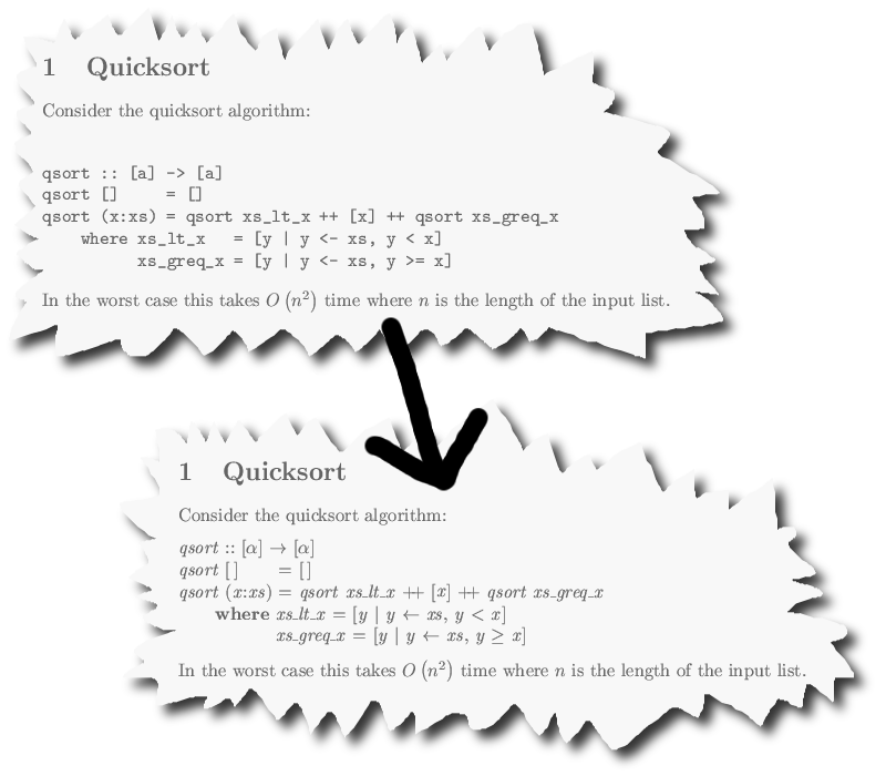 Example before and after pictures of Haskell2LaTeX in action