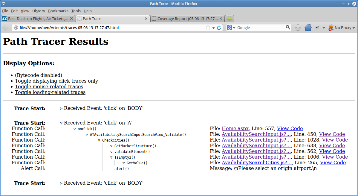 Path Trace Report: Shows event handlers and functions called in the recorded trace.