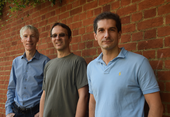 Image of three professors, side-by-side standing in front of a brick wall - Left to right - Professors Ian Horrocks, Boris Motik and Bernardo Cuenca Grau