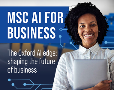 A smiling woman poses with a laptop. The title says 'MSc AI for |Business' with a strapline 'The Oxford AI edge: shaping the future of business'